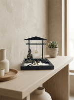 Kit de mini-jardin zen de bureau avec plateau à sable et statue de Bouddha méditant
