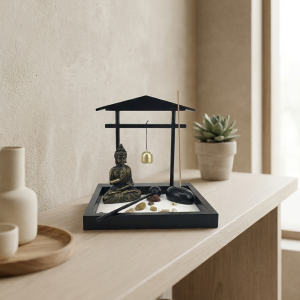 Kit de mini-jardin zen de bureau avec plateau à sable et statue de Bouddha méditant