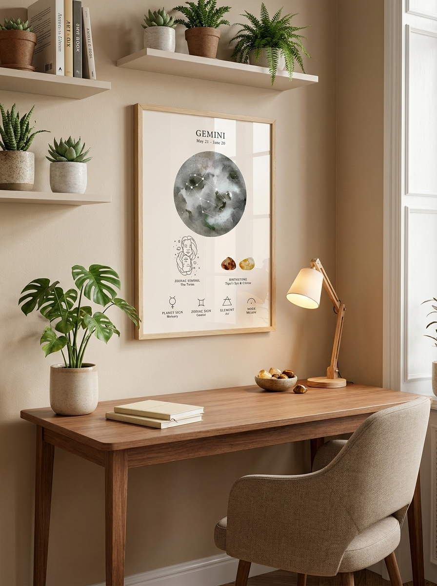 Affiche spatiale lunaire céleste et signe du zodiaque - Gémeau